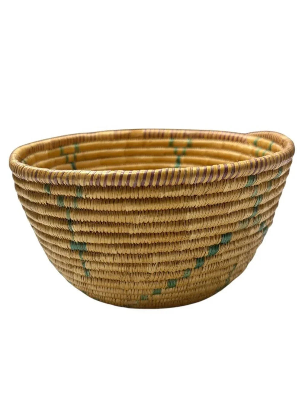 Vintage Handwoven Coiled Basket Bowl Geometric Green Accent Southwestern Boho 7.